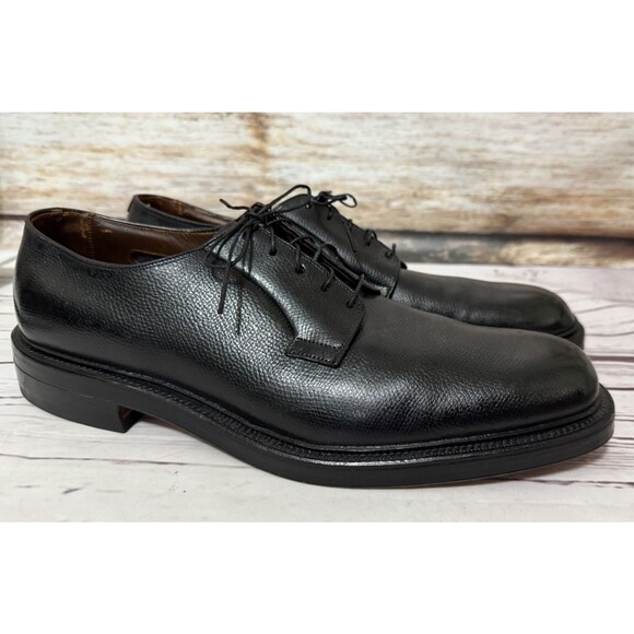 ALLEN EDMONDS Leeds Plain Toe Blucher Sz 12 1/2 Vtg Black Pebbled Leather Derby - Picture 1 of 11